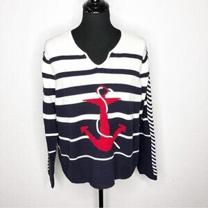 Vintage Villager Sport white navy stripe red anchor nautical sweater size XL